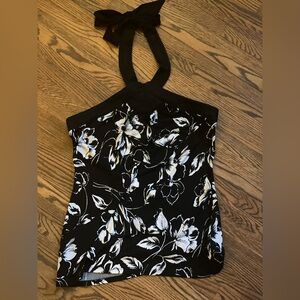 EUC White House Black Market Black and White Floral Halter Blouse